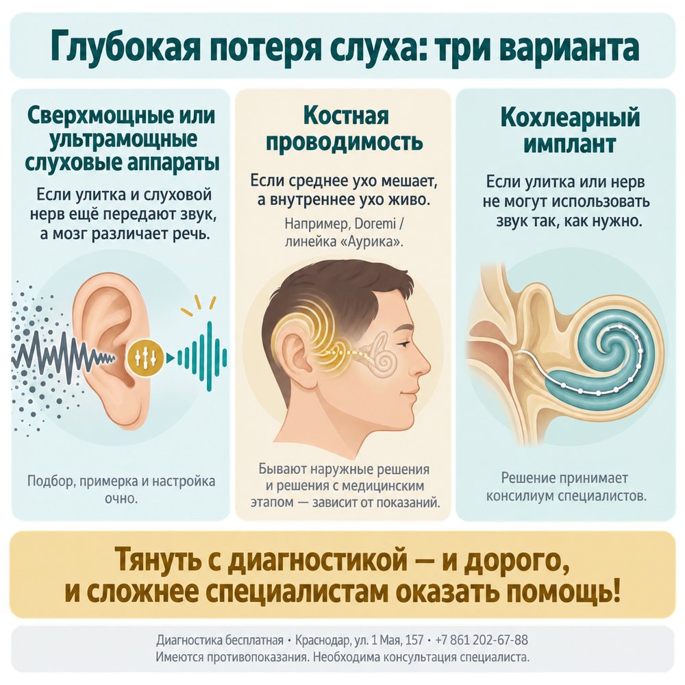 Инфографика «Глубокая потеря слуха: три варианта»: сверхмощные или ультрамощные слуховые аппараты, костная проводимость, кохлеарный имплант
